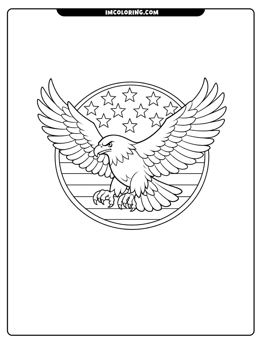 Printable Bald eagle soaring in front of a flag emblem coloring activity