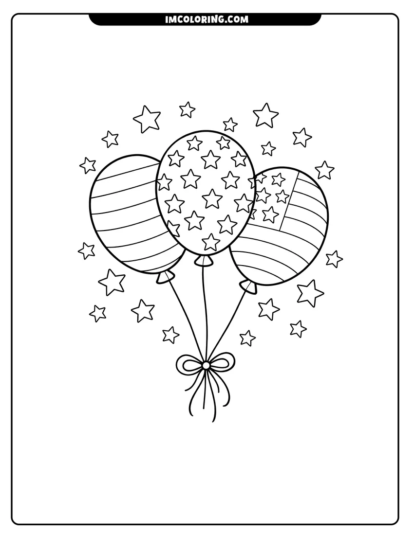 Kids activity sheet showing Three patriotic balloons tied together with stars