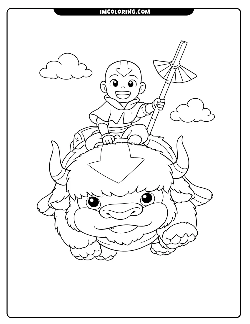 Printable outline of Aang riding Appa through the sky
