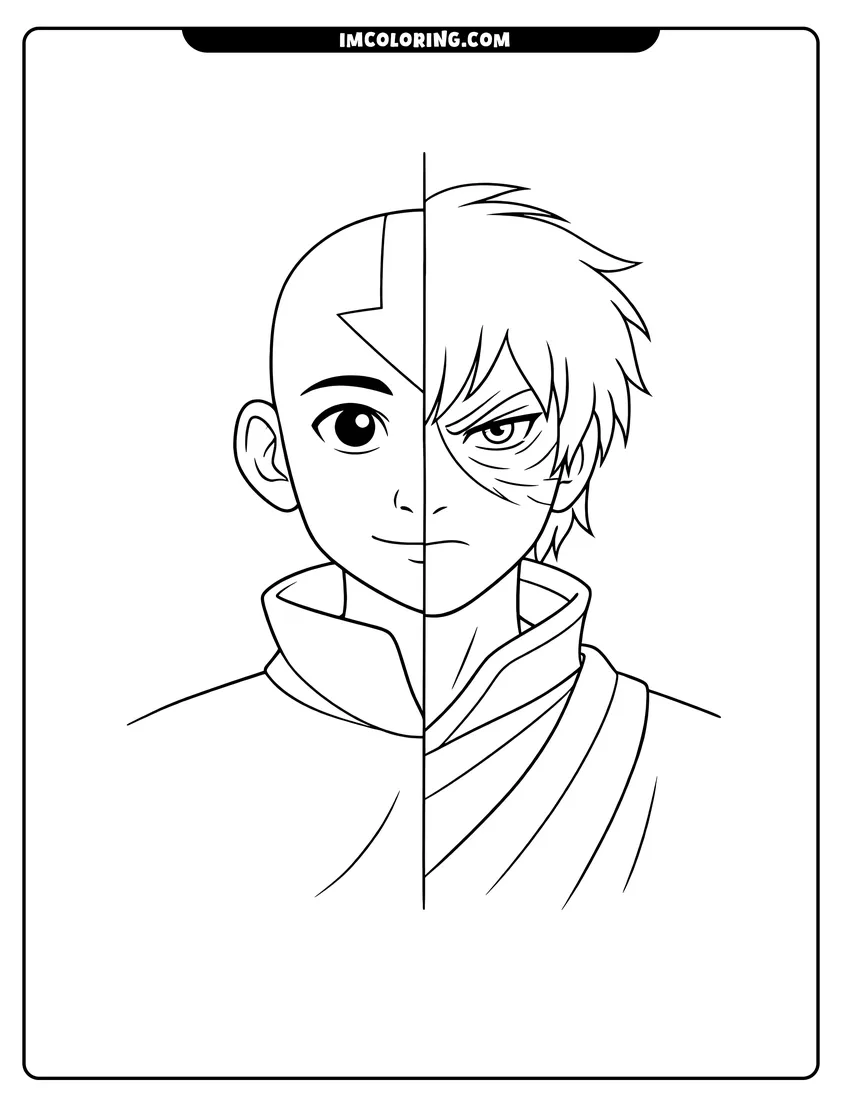 Illustration of Aang and Zuko split face portrait ready for painting