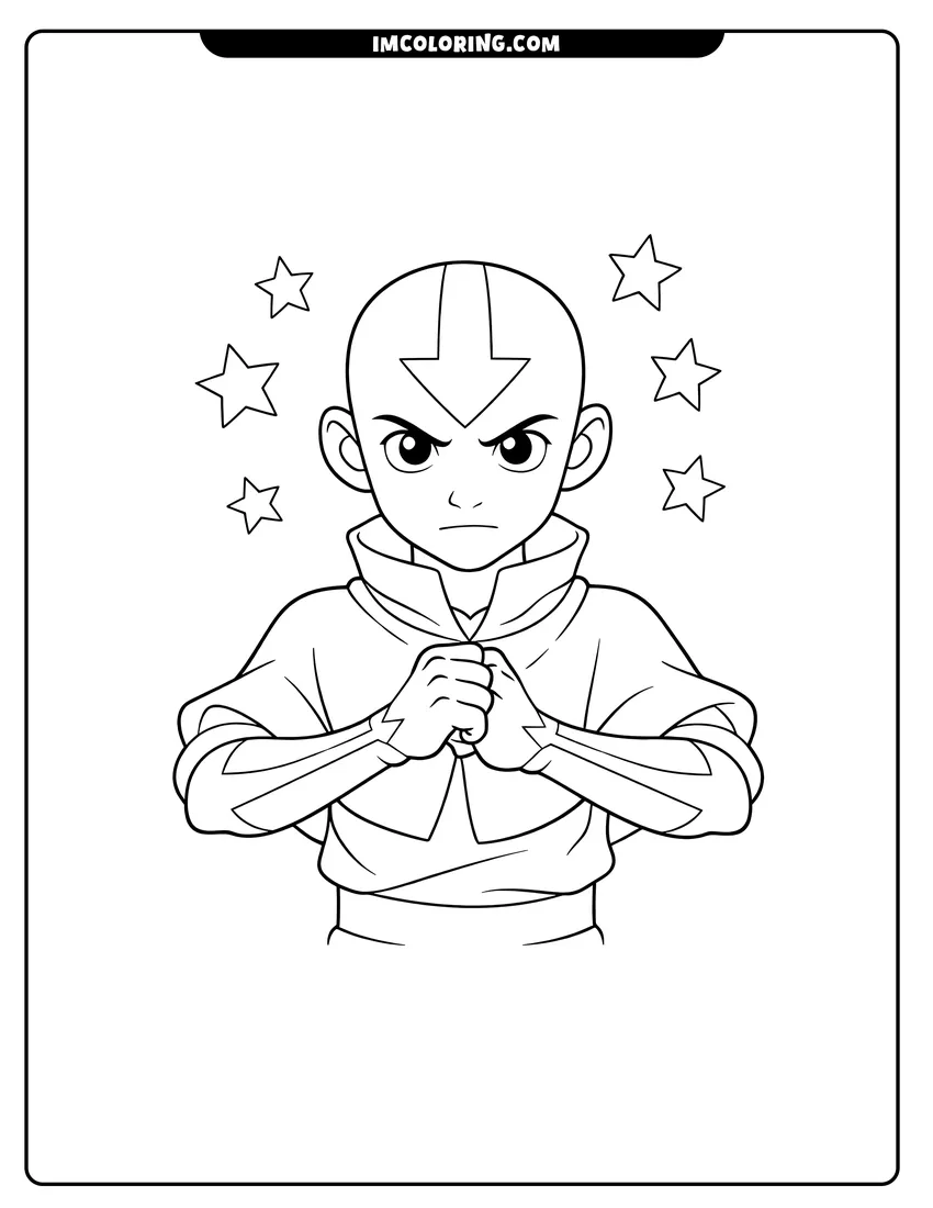 Detailed Aang in a martial arts pose design for coloring