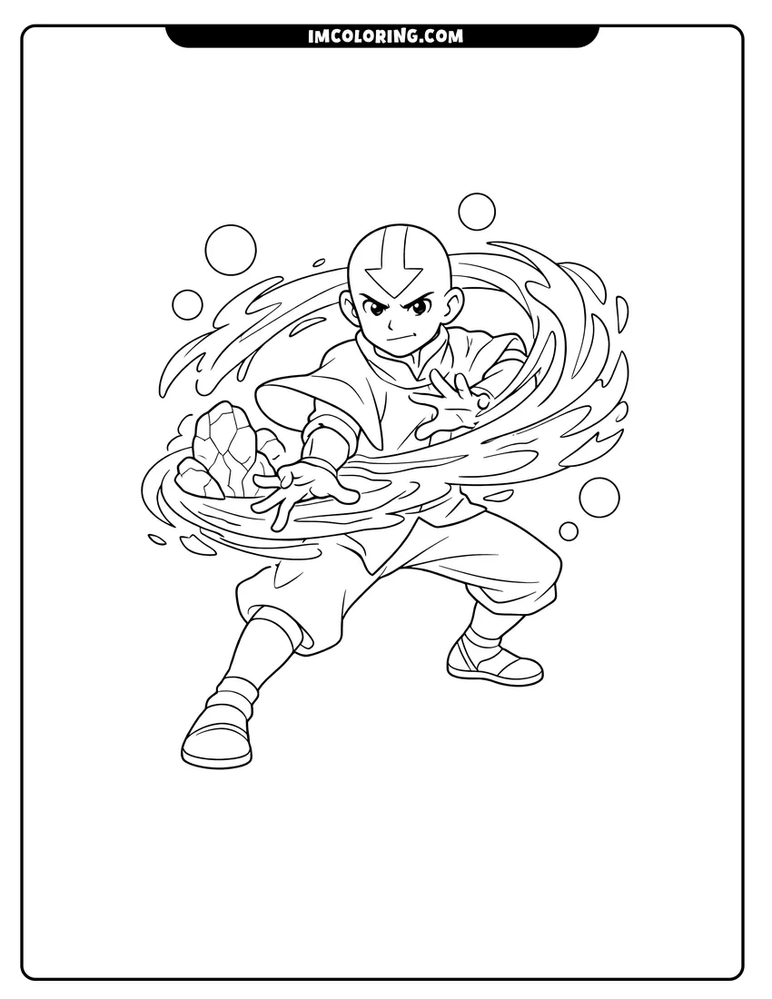 Illustration of Aang with swirling elemental energy ready for painting