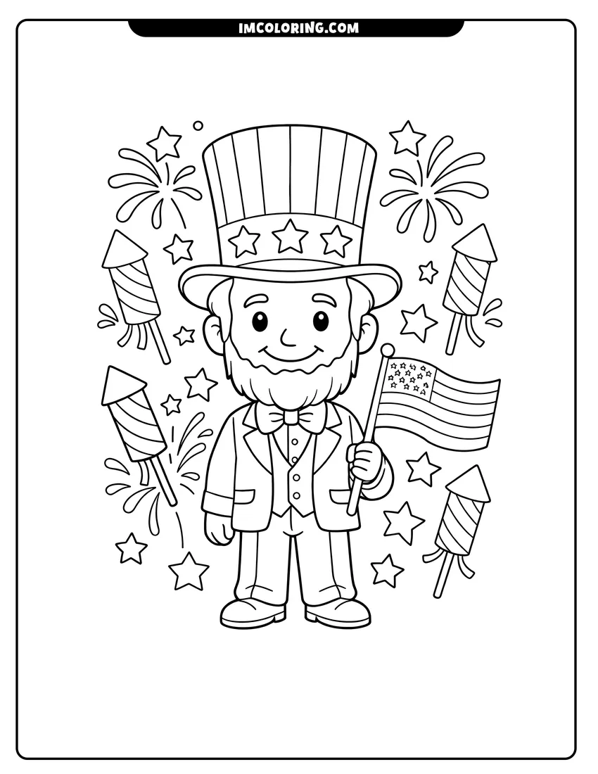 Outline of Abraham Lincoln in a top hat with a flag on a white background