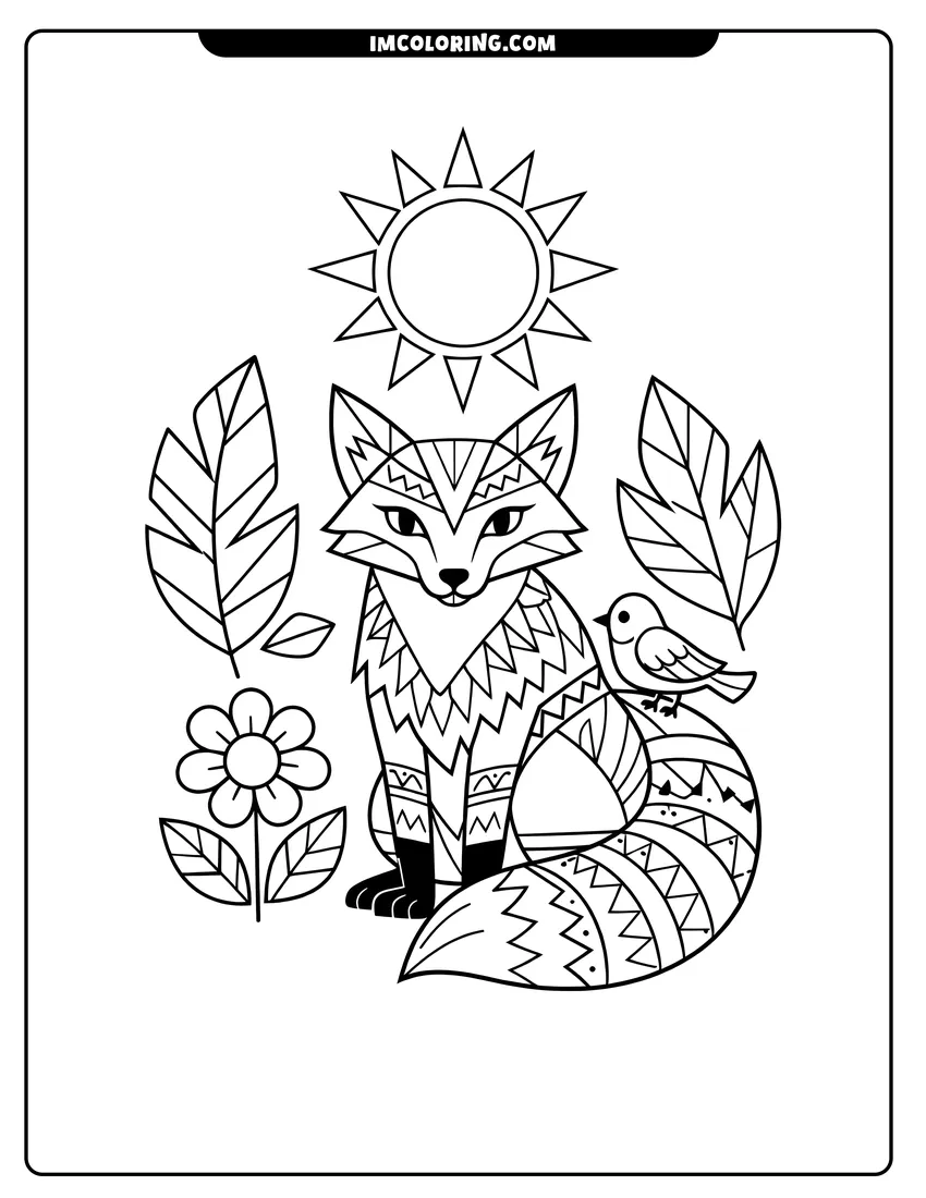 Simple line drawing of Abstract fox with patterned fur and a small bird