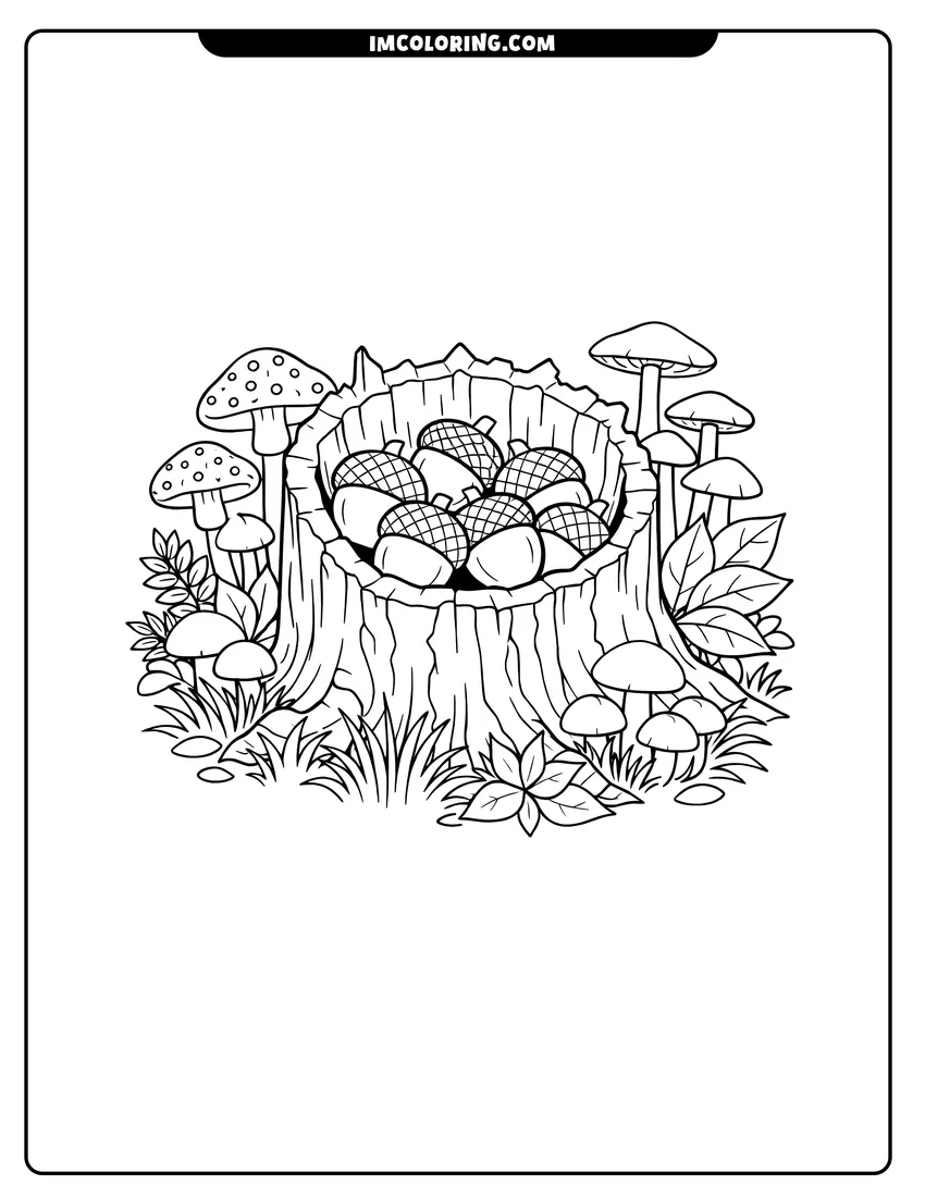 Simple line drawing of Acorns and mushrooms inside a hollow tree stump