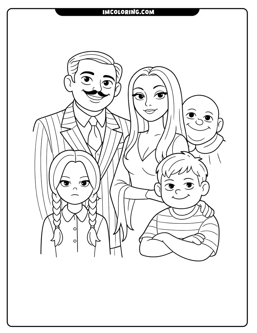 Outline of Gomez Morticia Wednesday and Pugsley posing for a family portrait on a white background