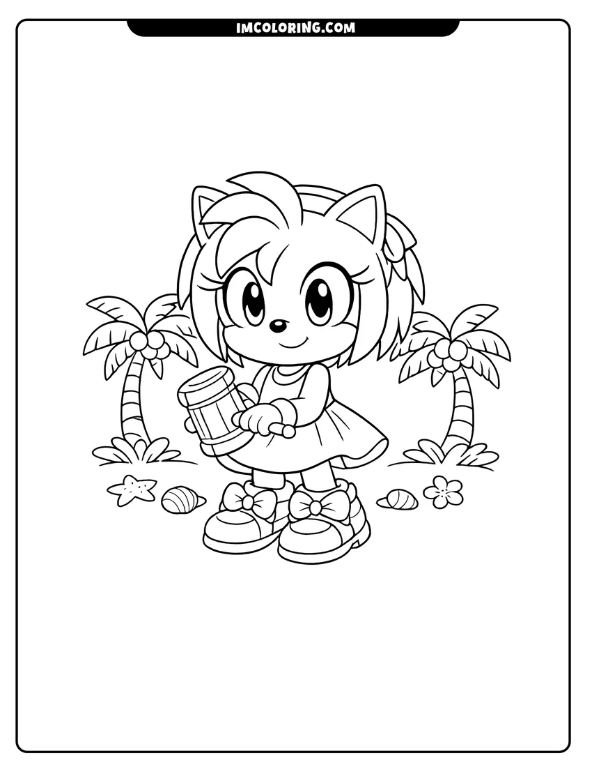 Easy-to-color Baby Amy Rose holding a hammer illustration