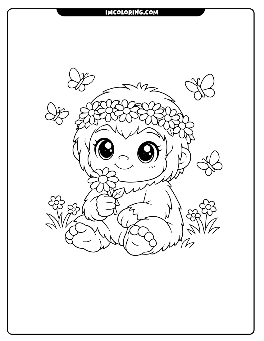 Scene showing Baby Bigfoot Yeti wearing flower crown with butterflies to color