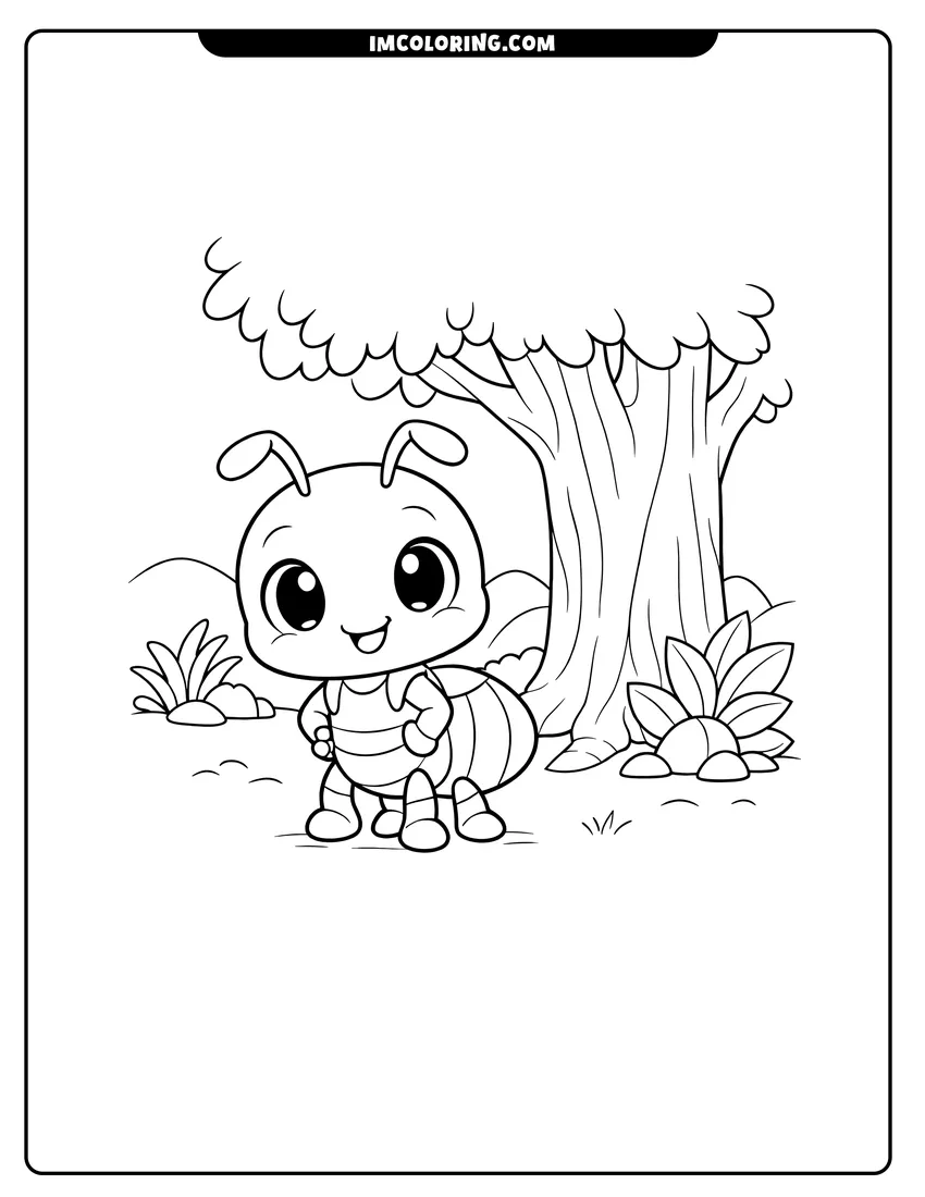 Chibi ant with large eyes standing in a garden drawing meant for coloring