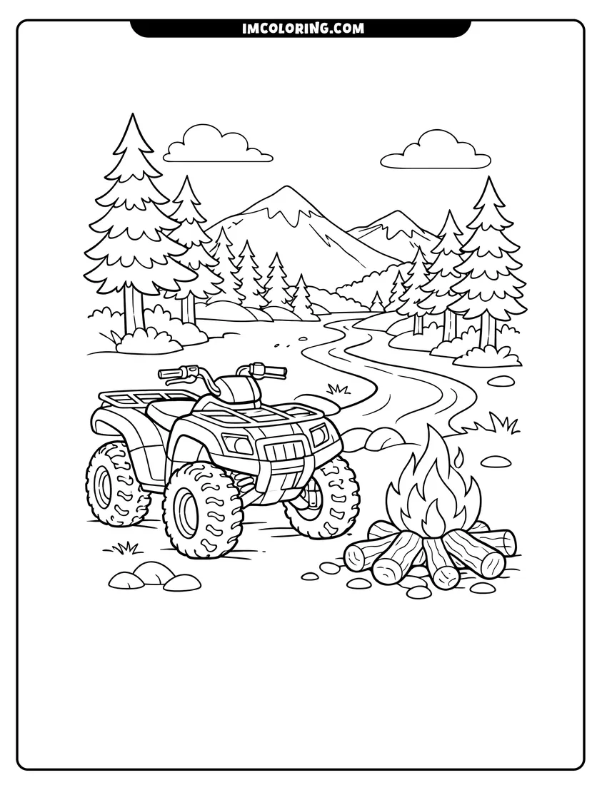 Line art depicting Atv parked by a campfire in a mountain forest