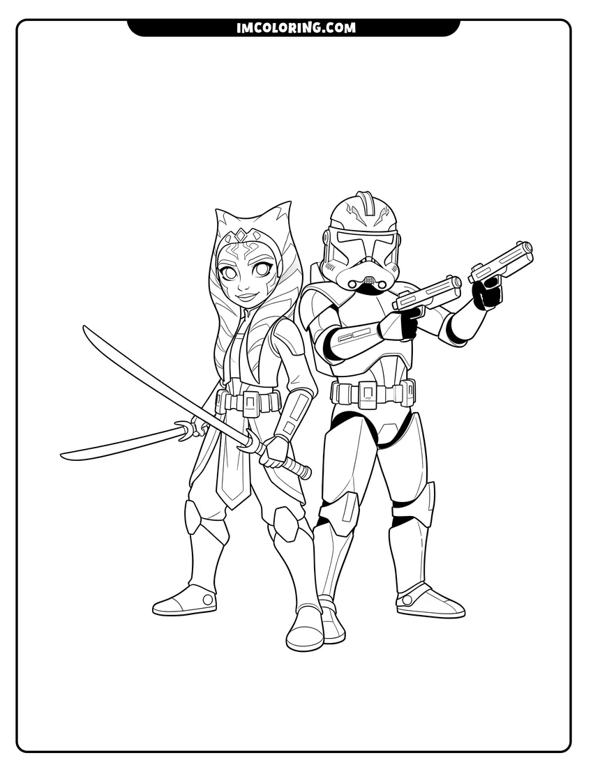 Easy-to-color Ahsoka Tano and Captain Rex standing back-to-back illustration