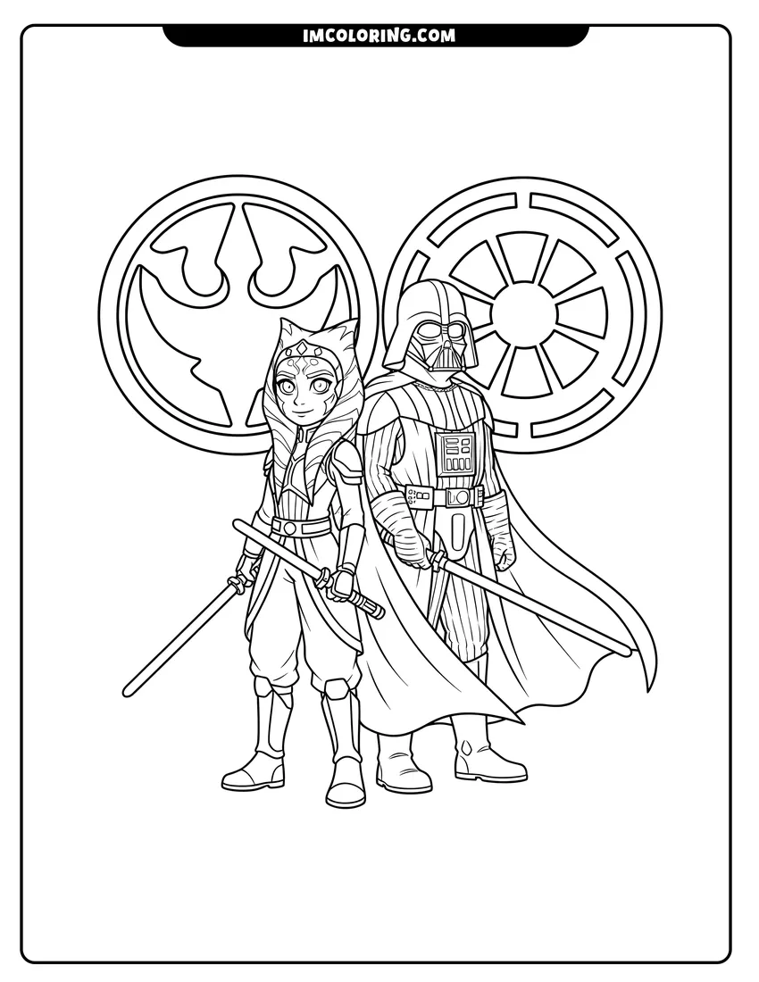 Ahsoka Tano and Darth Vader standing back-to-back coloring page for preschoolers