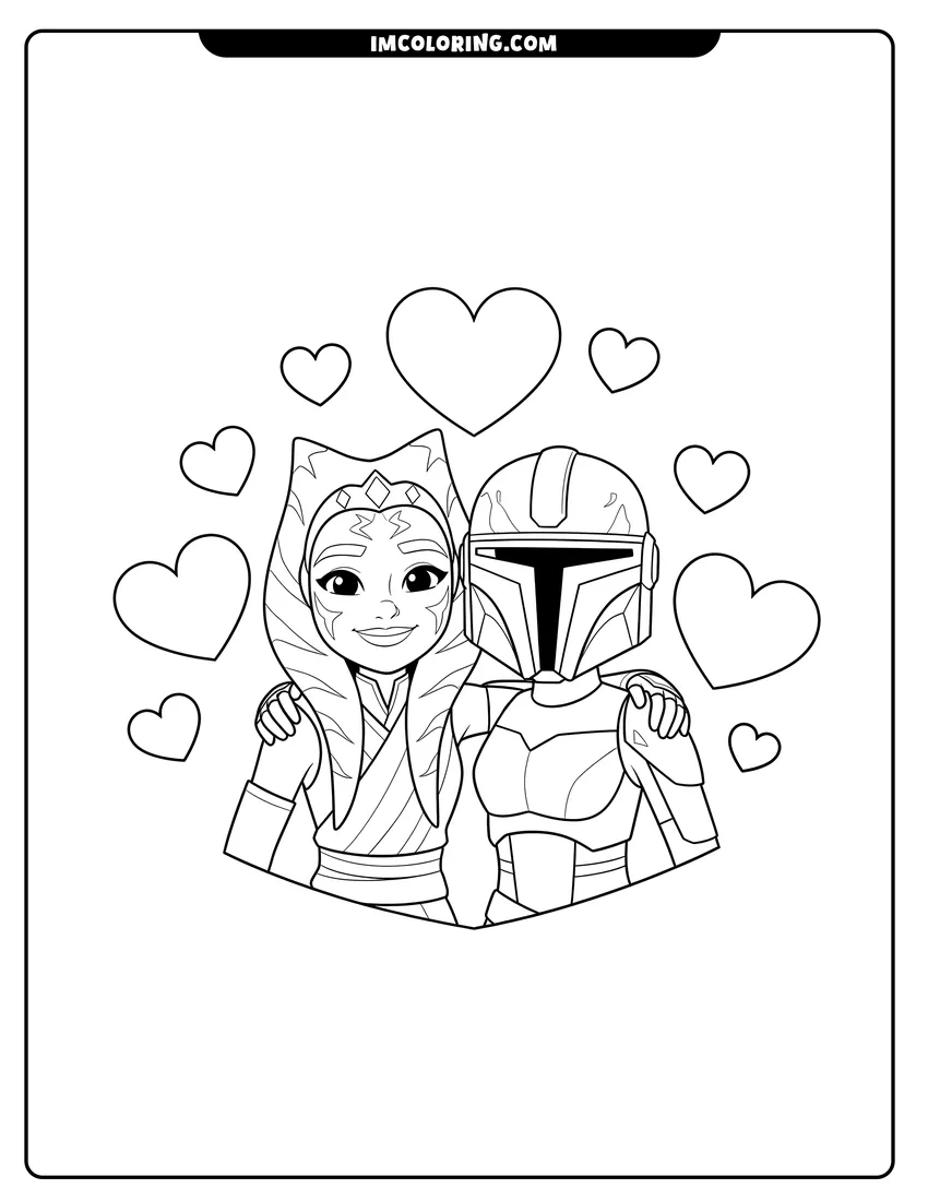 Line art depicting Ahsoka Tano and Fennec Shand making a heart