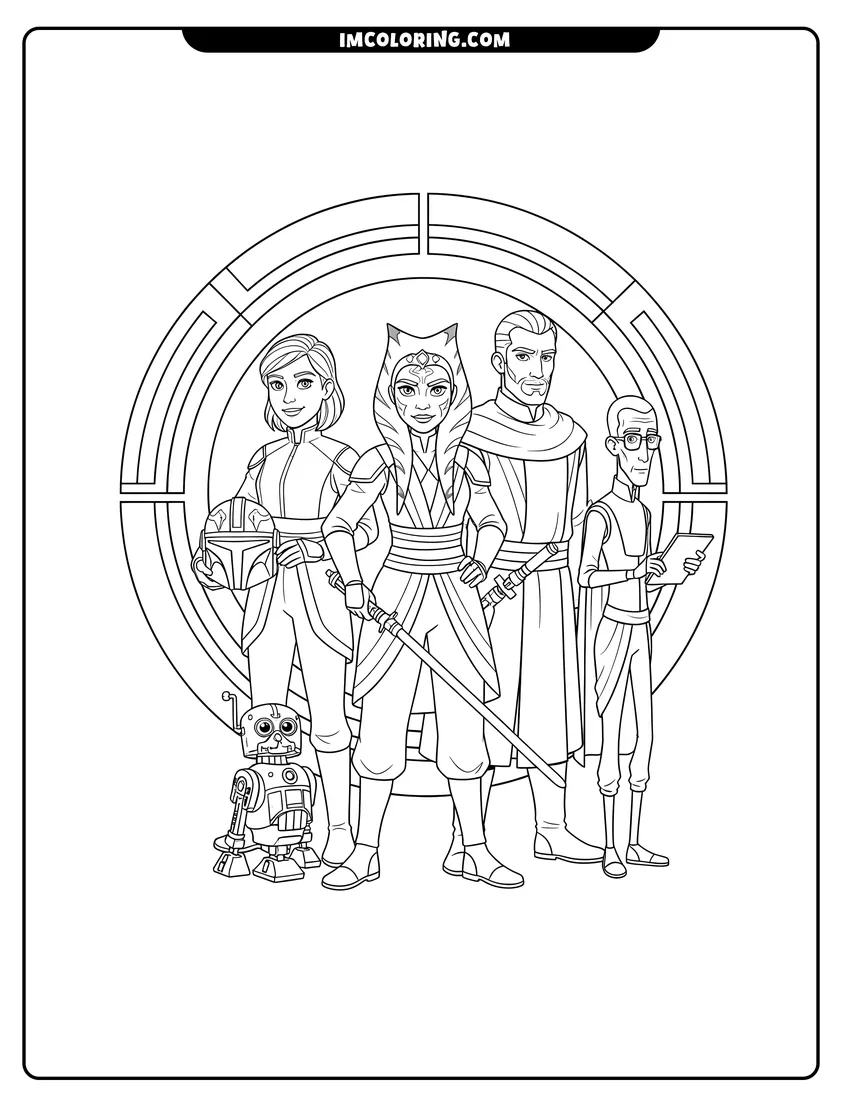 Outline of Ahsoka Tano with Hera, Sabine, and other characters on a white background