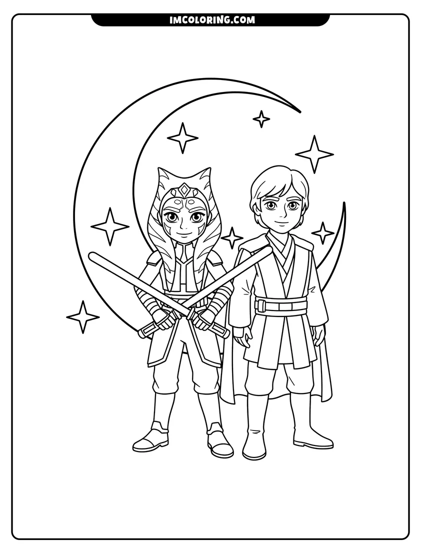 Kawaii style Ahsoka Tano and Luke Skywalker with crossed lightsabers coloring picture