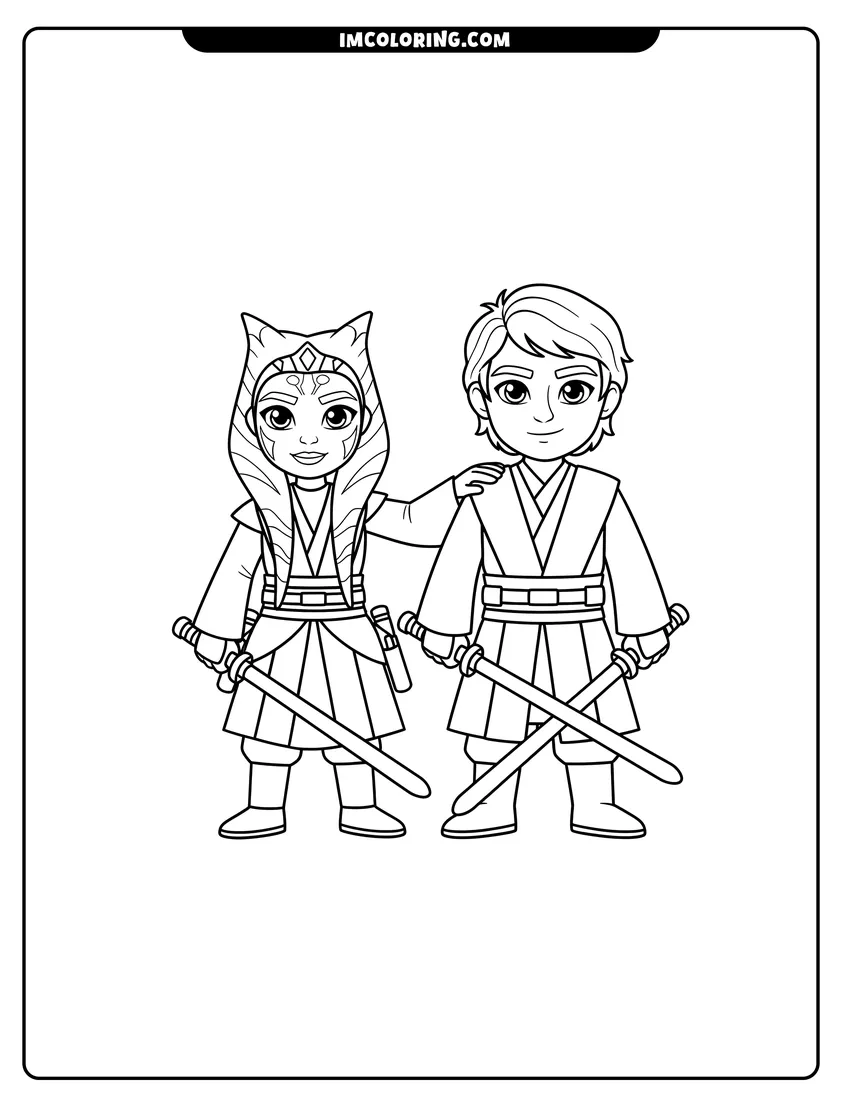 Ahsoka Tano and Anakin Skywalker in Jedi attire drawing meant for coloring
