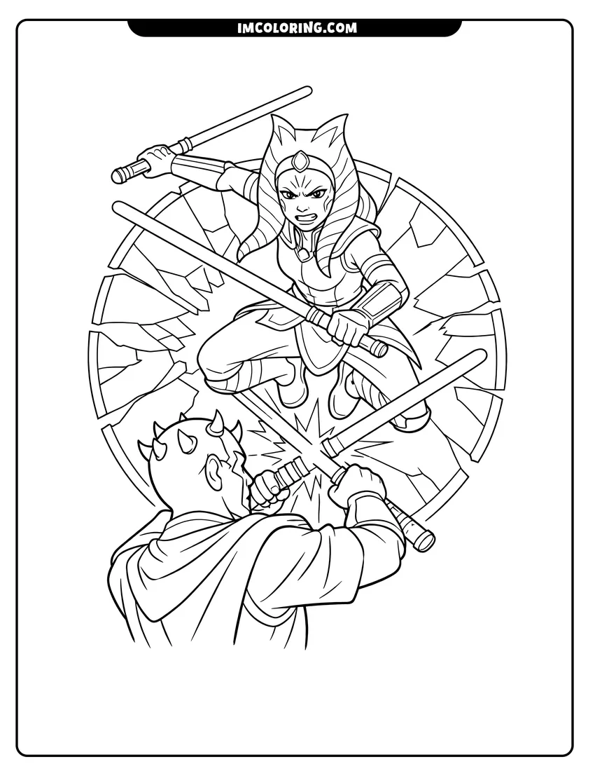 Printable Ahsoka Tano clashing lightsabers with Darth Maul coloring activity