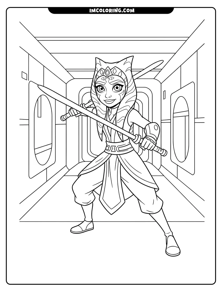 Printable outline of Ahsoka Tano in a combat stance inside a starcruiser