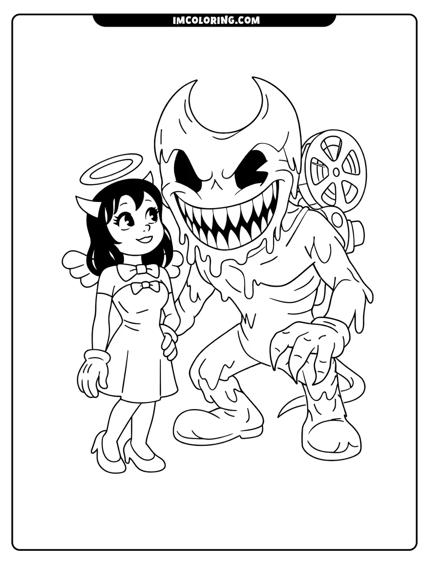 Kawaii style Alice Angel standing beside the giant monstrous Ink Bendy coloring picture