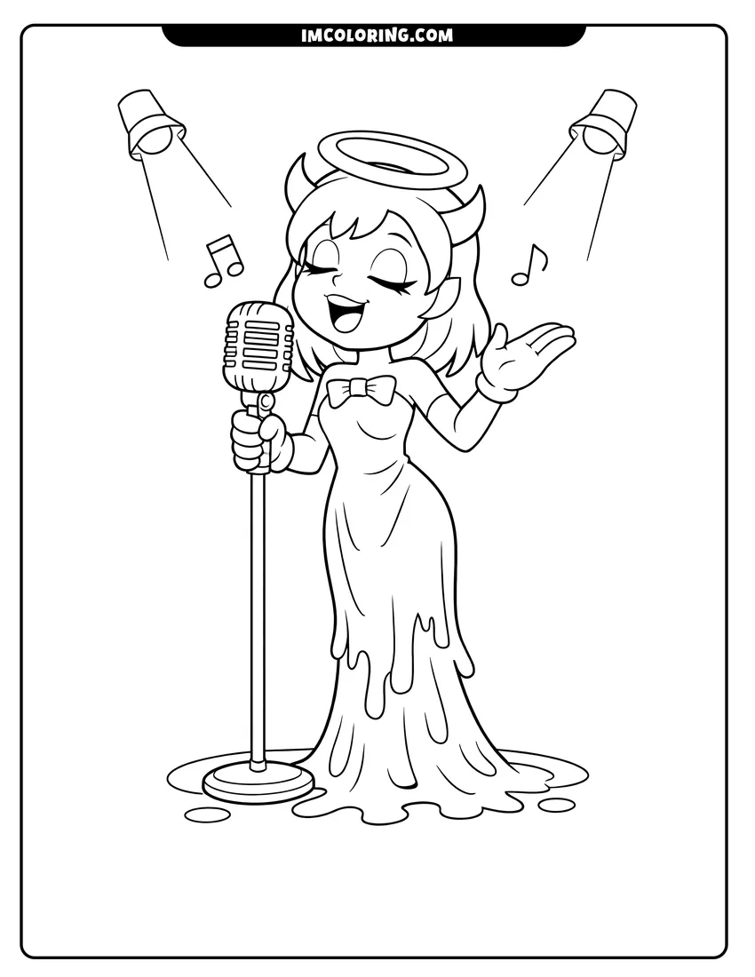 Easy-to-color Alice Angel singing into a vintage microphone on stage illustration