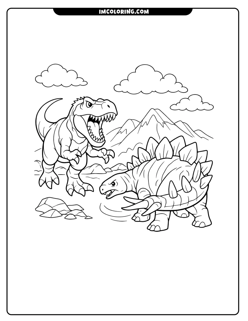 Allosaurus fighting a Stegosaurus in the mountains coloring page for preschoolers