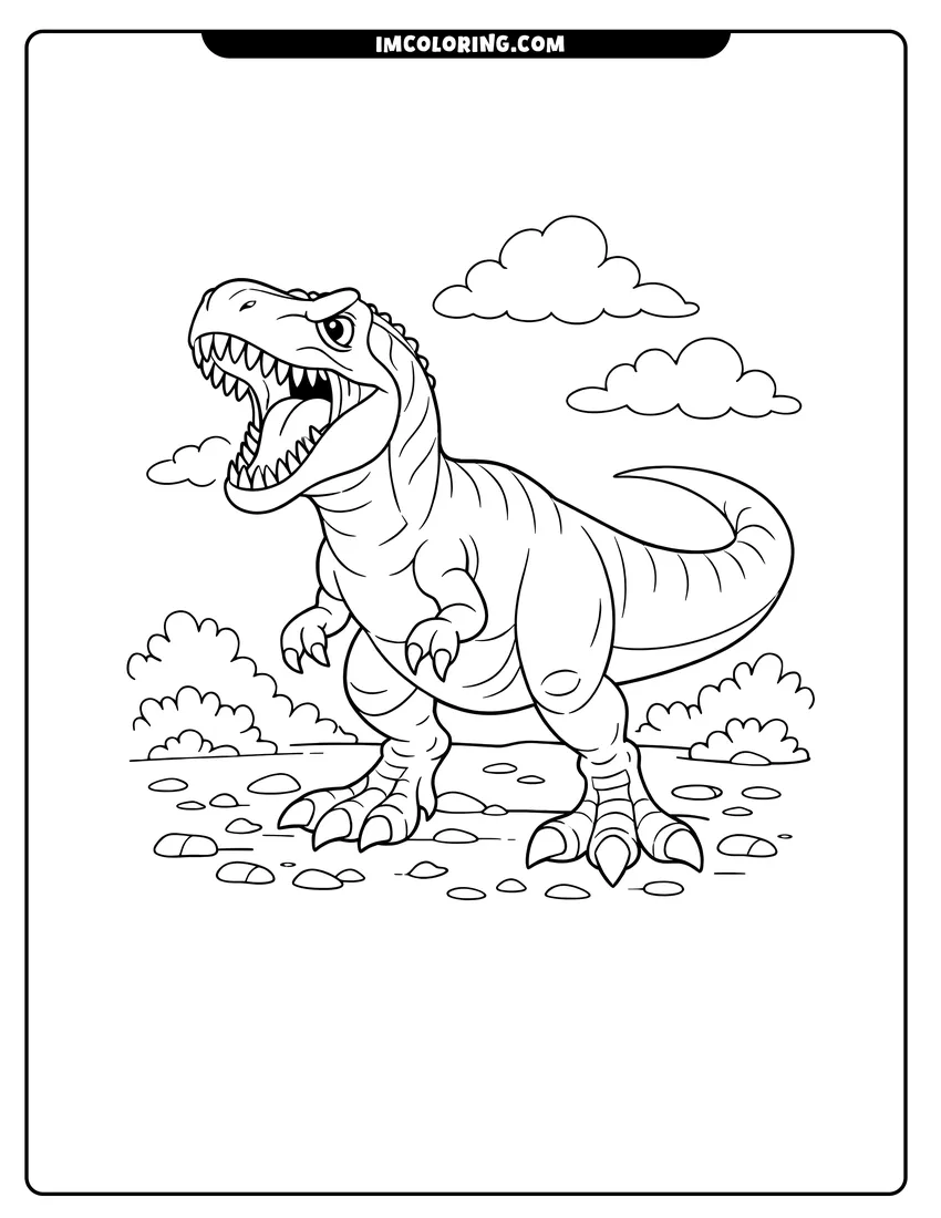 Black and white Allosaurus roaring on rocky ground with bushes coloring sheet