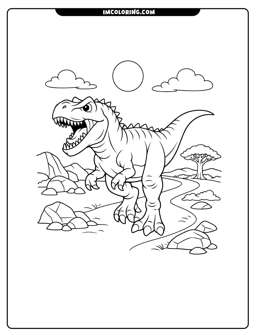 Cute Allosaurus walking on a winding path outline for coloring