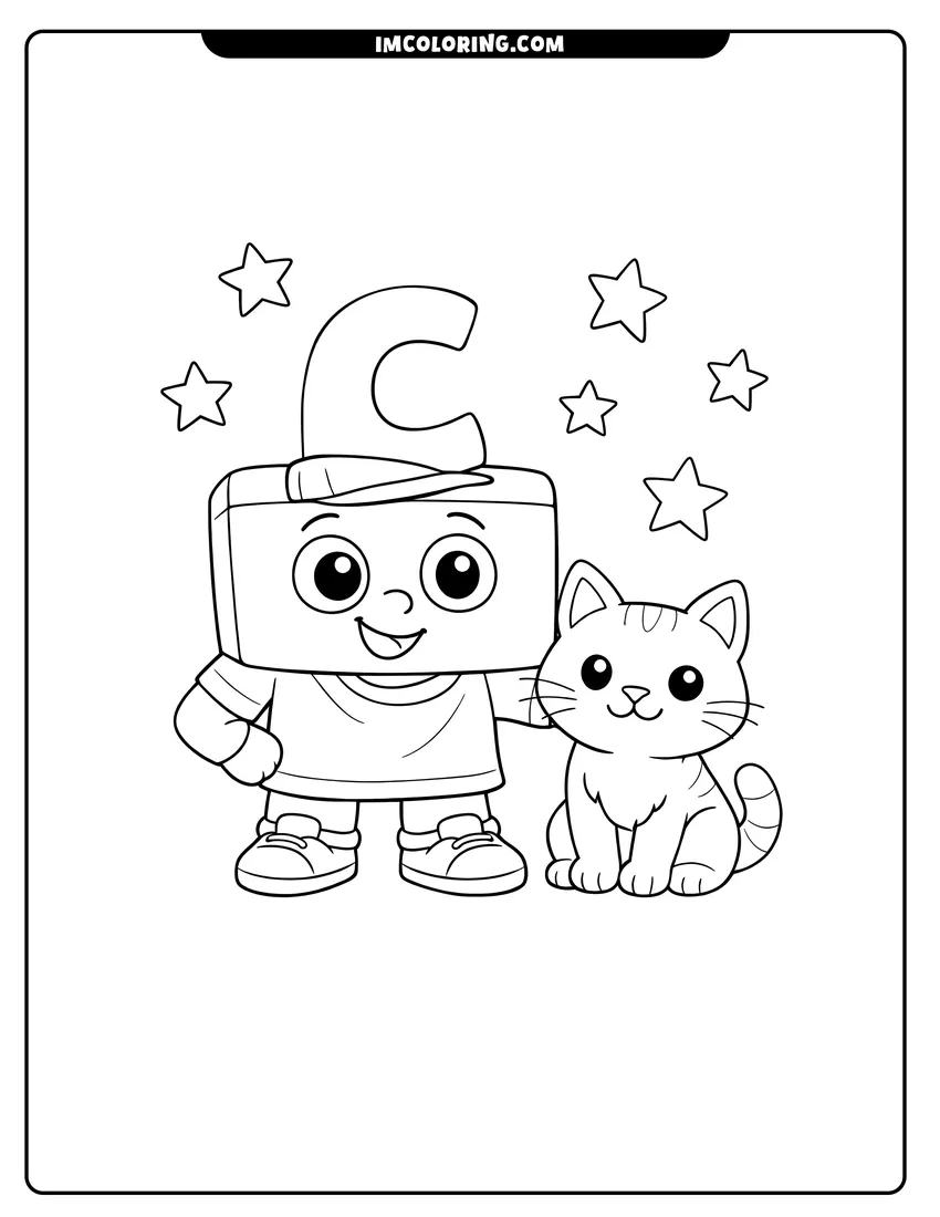 Alphablock C standing next to a cute cat drawing meant for coloring