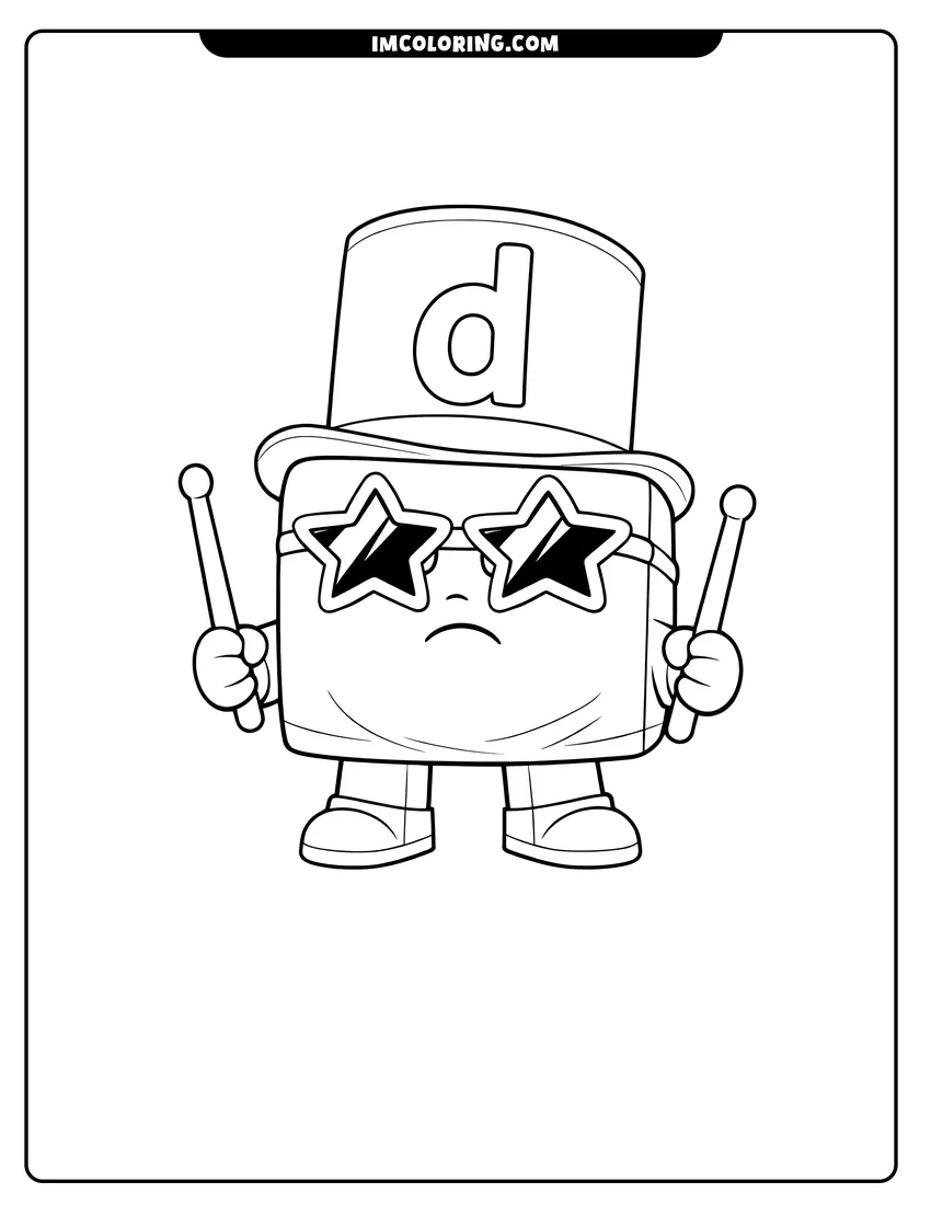 Simple sketch of Alphablock D wearing sunglasses and holding drumsticks for children