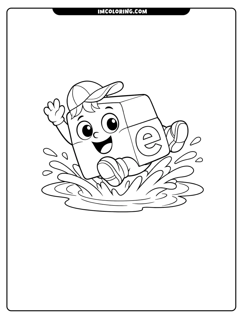 Alphablock E falling sideways into a water puddle coloring page for preschoolers