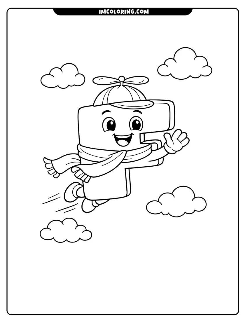 Printable Alphablock F wearing a propeller hat in the sky coloring activity