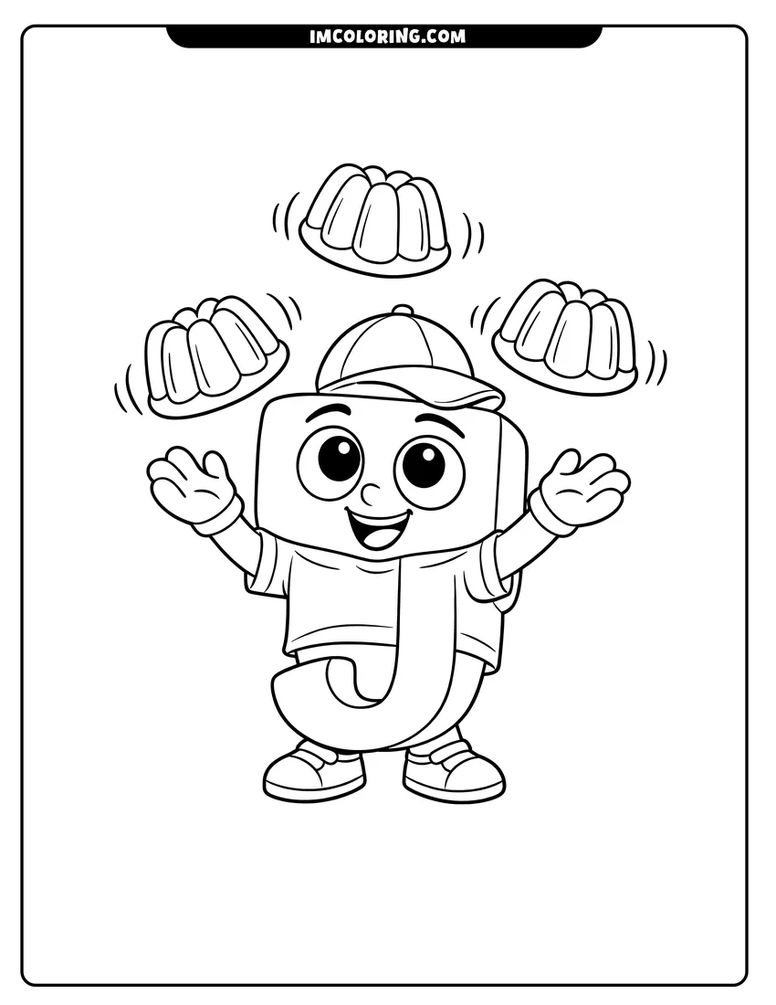 Outline of Alphablock J juggling three molded jellies on a white background