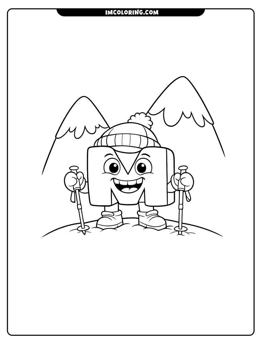 Coloring sheet of Alphablock M on a snowy hill with mountains for kids