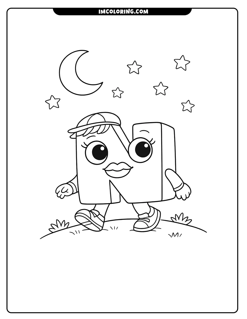 Printable outline of Alphablock N walking under a crescent moon