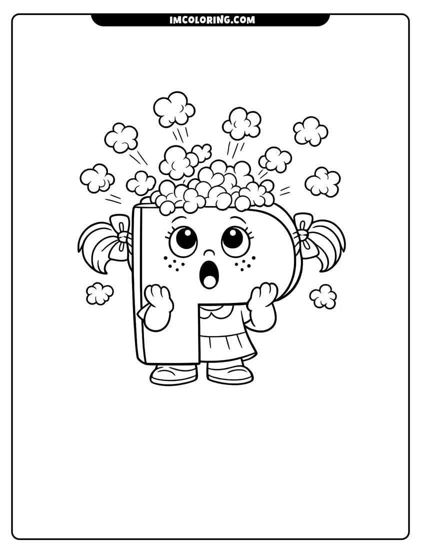 Detailed Alphablock P with pigtails and popping popcorn design for coloring