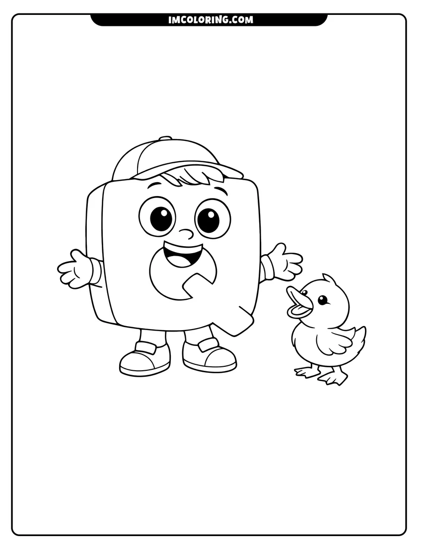 Illustration of Alphablock Q standing next to a quacking duckling ready for painting