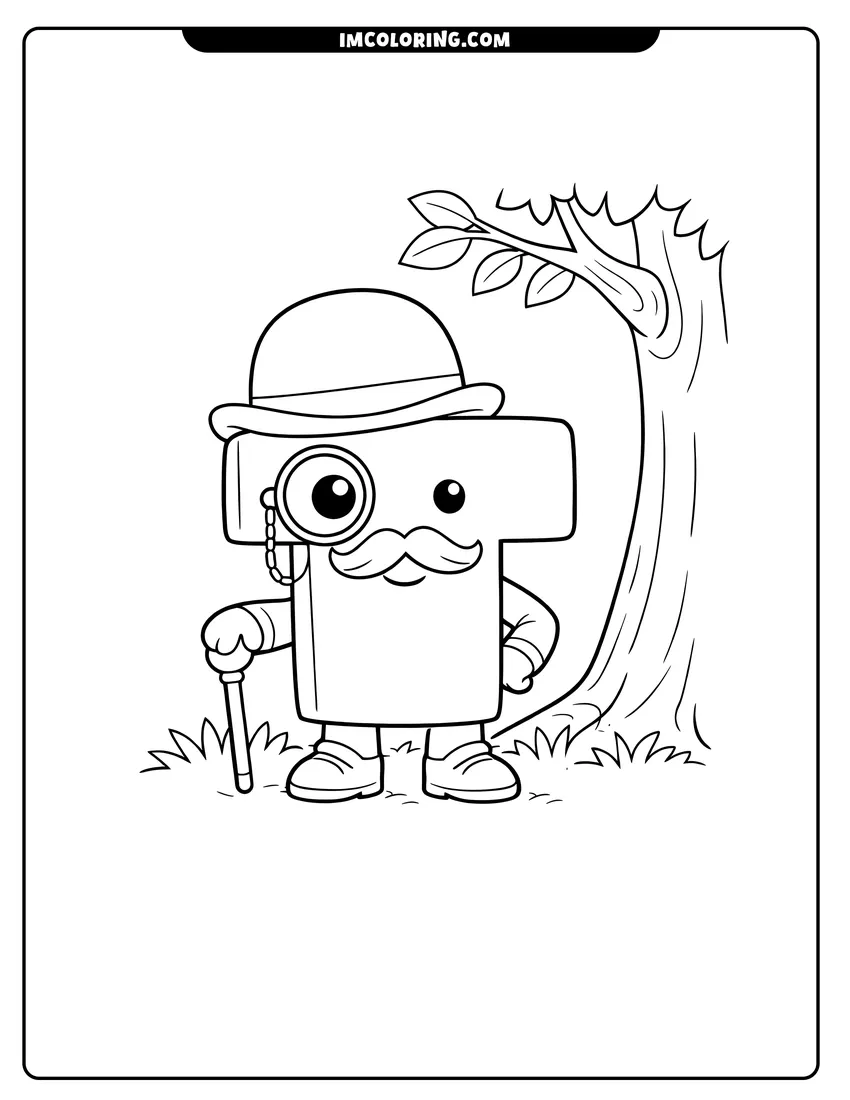 Kawaii style Alphablock T with a mustache and bowler hat coloring picture