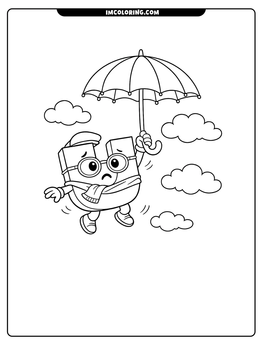 Alphablock U floating in the sky with an umbrella drawing meant for coloring
