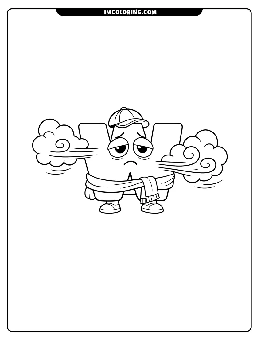 Alphablock W with wind blowing past him coloring page for preschoolers