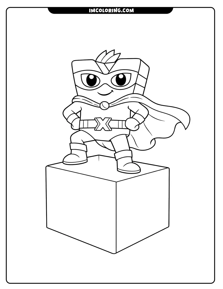 Printable Alphablock X wearing a superhero cape coloring activity