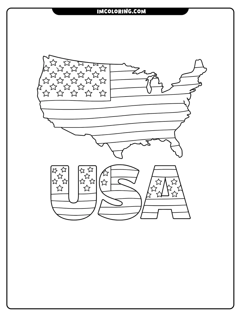 Printable Map of USA filled with American flag patterns coloring activity