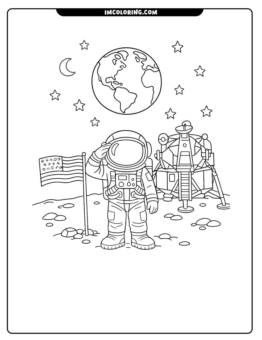 Scene showing Astronaut saluting American flag on the moon surface to color