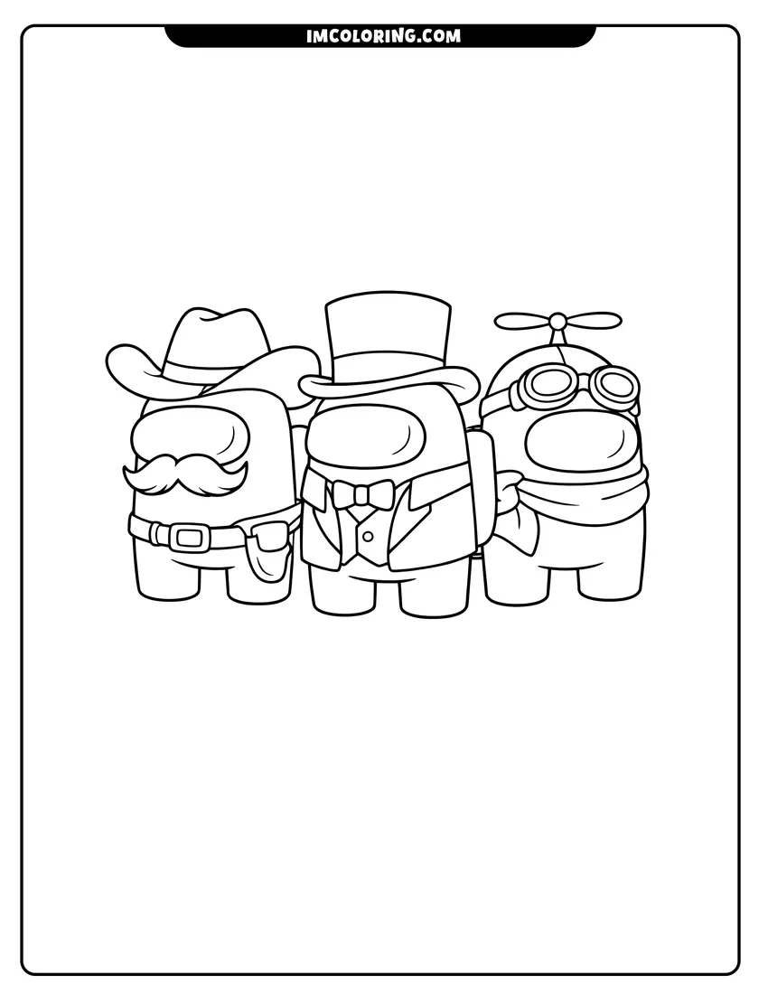 Kawaii style Among Us crewmates in Airship skins on wooden deck coloring picture