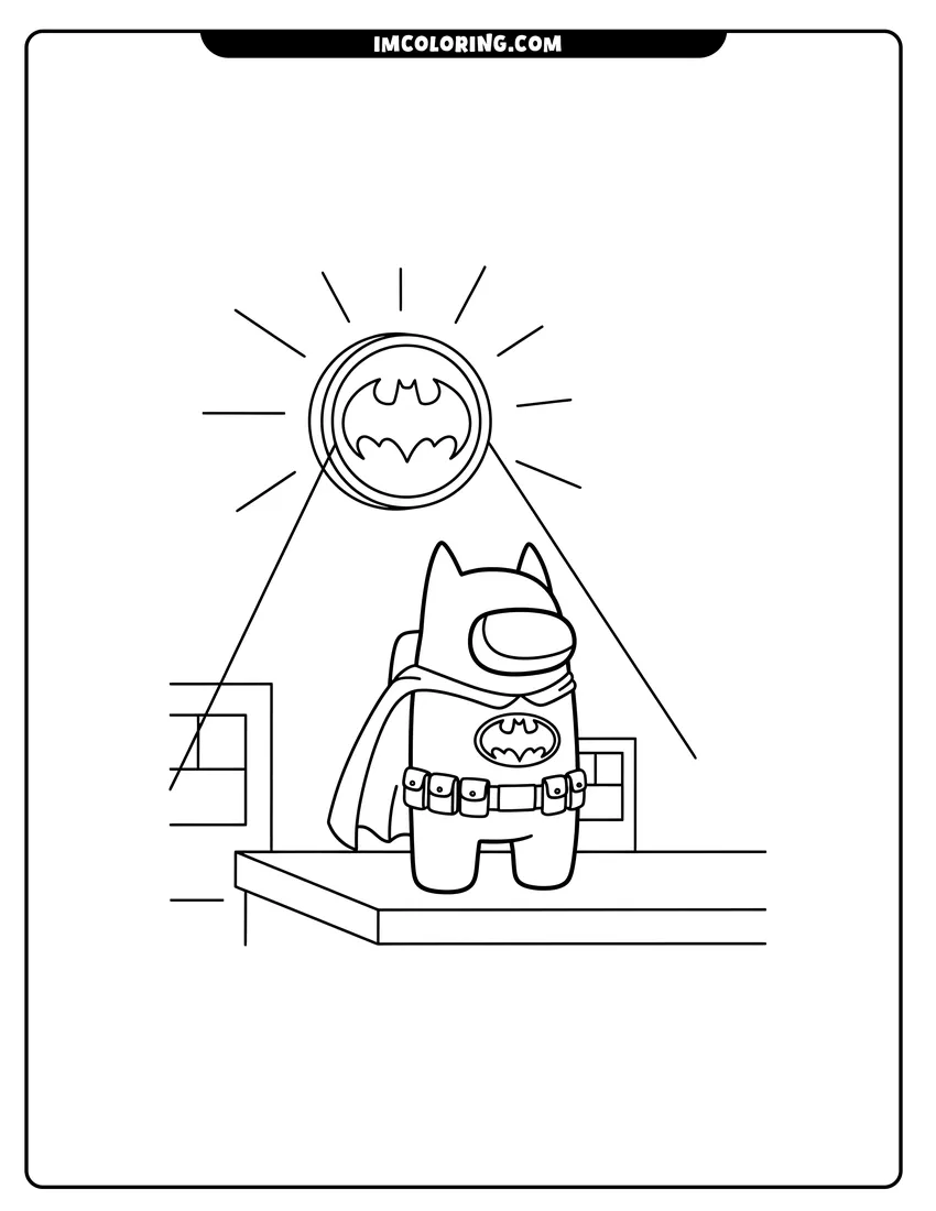 Printable coloring page featuring Among Us character in Batman suit under the Bat-Signal