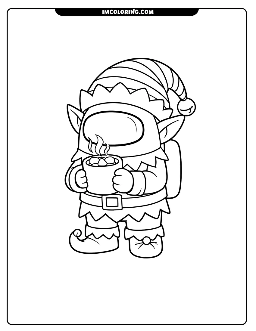 Coloring sheet of Among Us crewmate in a Christmas elf costume for kids