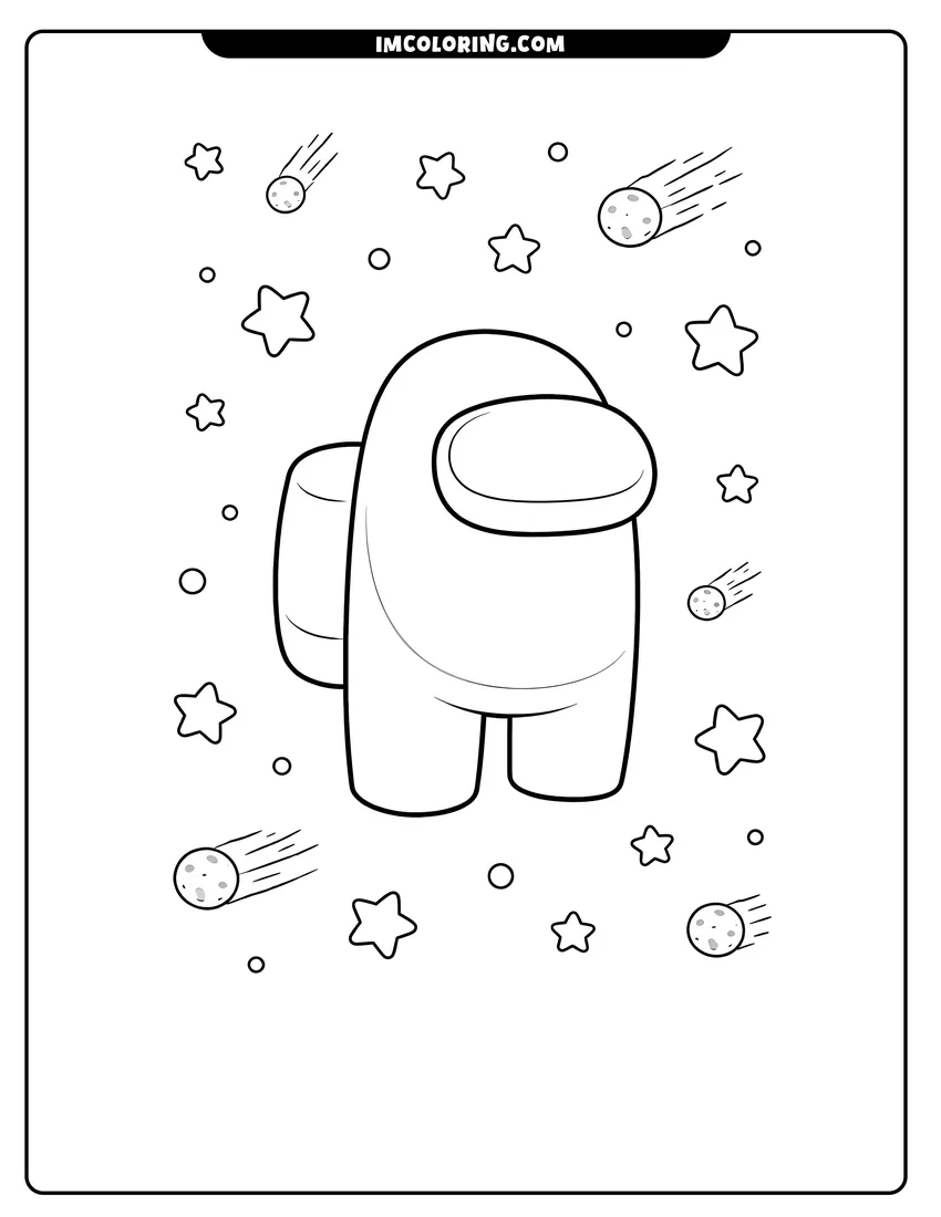 Printable outline of Simple Among Us crewmate with stars and meteors