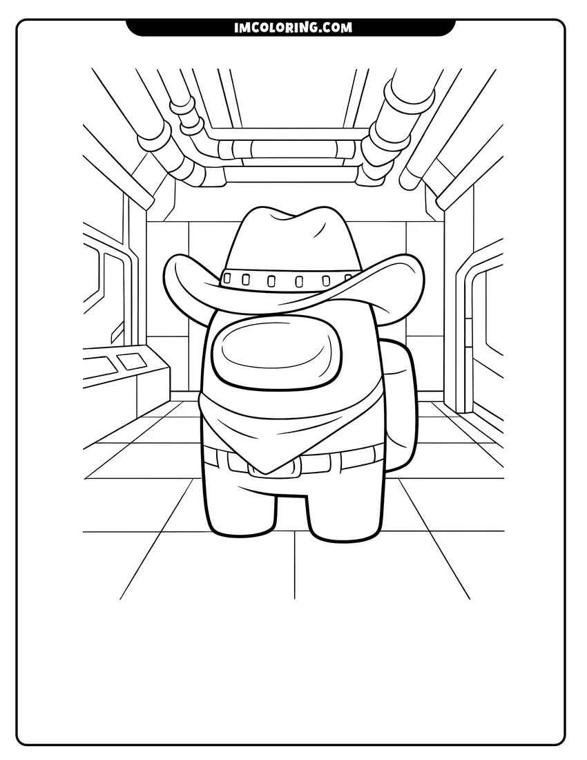 Detailed Among Us crewmate wearing a cowboy hat design for coloring