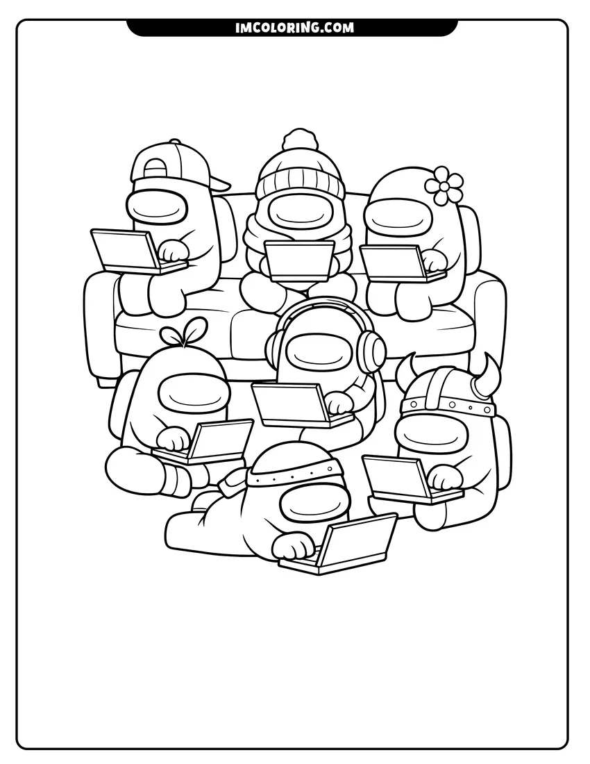Printable Among Us crewmates playing games on laptops coloring activity