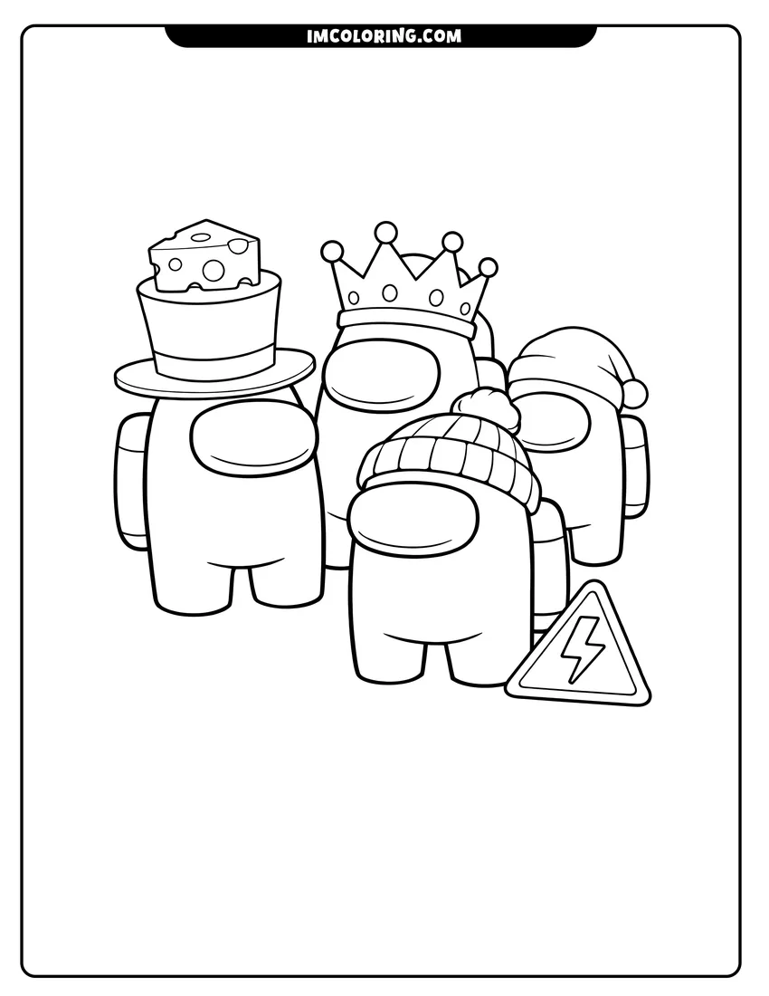Printable Among Us crewmates wearing various hats near electrical coloring activity