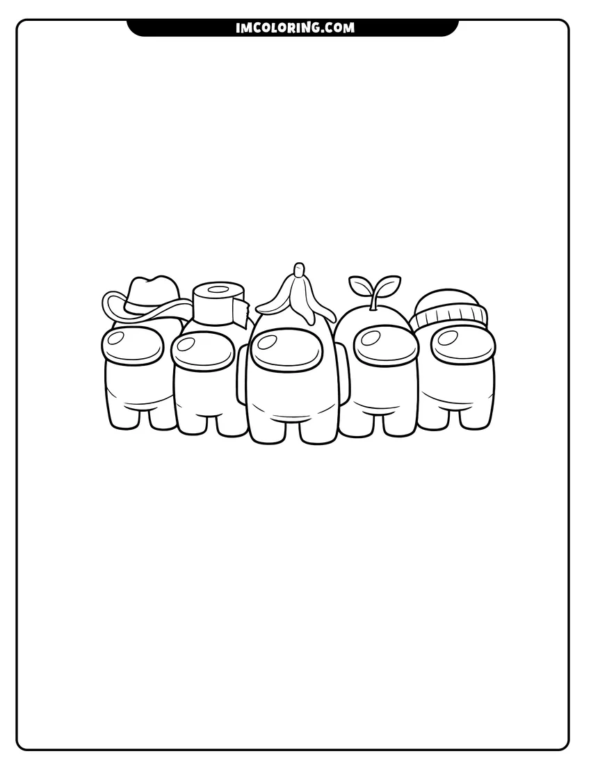 Simple line drawing of Group of Among Us crewmates wearing various funny hats